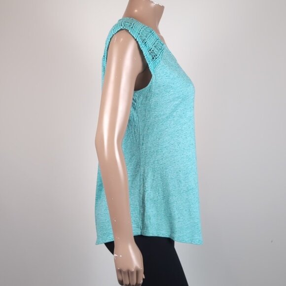 Bleu Gray Crochet Tshirt Sheer Shoulder Cap Sleeve Turquoise Summer Top - Picture 6 of 9